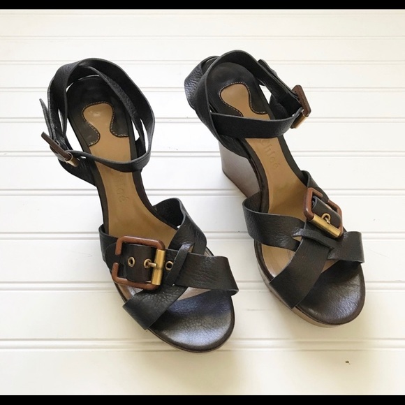 Chloe Buckle Wooden Sole Wedges Size 37 - Picture 3 of 9